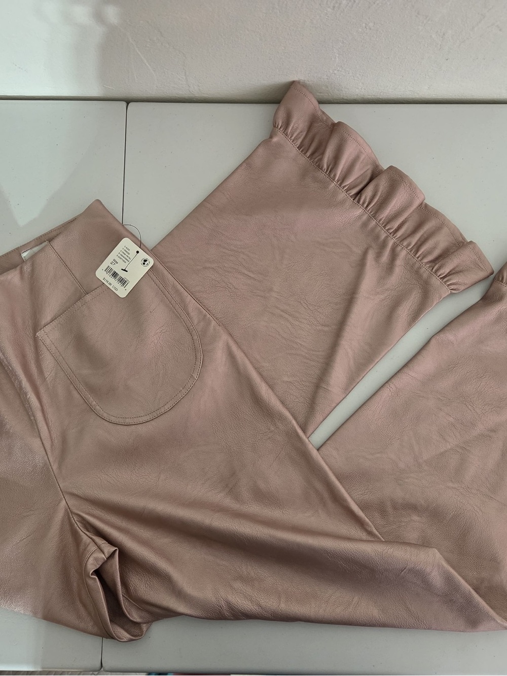 NWT Maeve Colette Crop Metallic Faux Leather Ruffle-Hem Pants Pink Metallic 27 - Picture 7 of 16